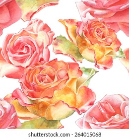 Seamless pattern with watercolor roses. Hand drawn.