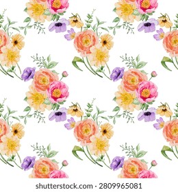 Seamless pattern with watercolor roses, peonies, and anemones. Beautiful spring flower bouquets and green leaves vector illustration isolated on white background.