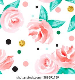 Seamless pattern with watercolor roses and polka dots. Beautiful hand-painted background for your design.