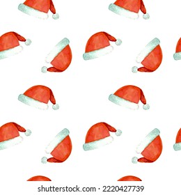 Seamless pattern with watercolor Santa Claus hat. For printing wrapping paper, wallpaper, packaging, fabric. Hand Drawn vector illustration.