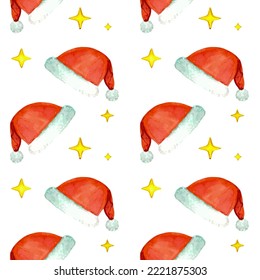 Seamless pattern with watercolor Santa Claus hat. For printing wrapping paper, wallpaper, packaging, fabric. Hand Drawn vector illustration.