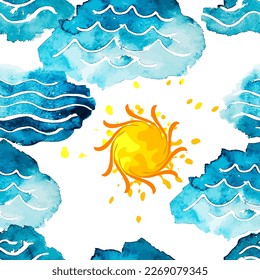 Seamless pattern watercolor sea and clouds and the sun. Vector illustration