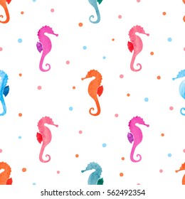 Seamless pattern with watercolor sea horses. Vector colorful seahorse background.