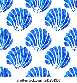 Seamless pattern with watercolor sea shells on white background 