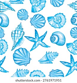 seamless pattern with watercolor seashells. hand painted sea shells, sea shells, starfish on white background. design for greeting card