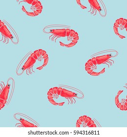 Seamless pattern with watercolor shrimps. Vector illustration.