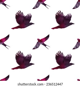 Seamless pattern with watercolor silhouette of a crow and swallow. 