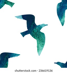 Seamless pattern with watercolor silhouette of a seagull.