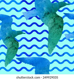 Seamless pattern with watercolor silhouette of seagull and waves.