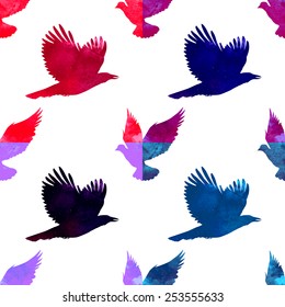 Seamless pattern with watercolor silhouettes of crow and dove. 