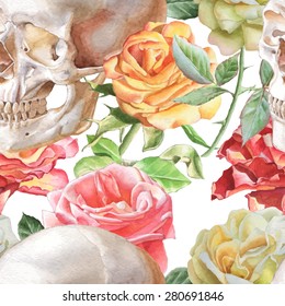 Seamless pattern with watercolor skull and roses. Vector. Hand drawn.