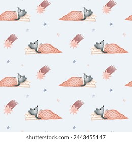 Seamless pattern with watercolor sleeping mouse. Cute childish background. Watercolor mouse wallpaper