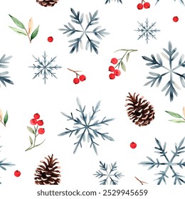 Nahtloses Muster mit Aquarell-Schneeflocken und Winterbeeren. Handgezeichneter Weihnachtshintergrund, Ornament. 