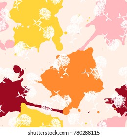 Seamless pattern with watercolor splashes and hand drawn flowers