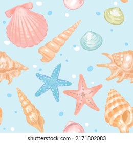 Seamless pattern with watercolor starfish and seashells. Vector illustration.