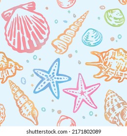 Seamless pattern with watercolor starfish and seashells. Vector illustration.