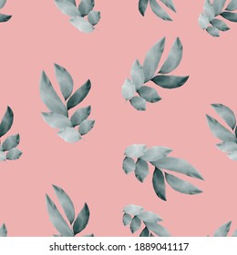 Seamless pattern. Watercolor stems with leaves on a pink background. Endless vector illustrations for print, etc.