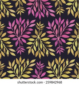 Seamless pattern. Watercolor stems with leaves. Lovely delicate gold and pink leaves arranged on a black background.