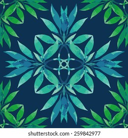 Seamless pattern. Watercolor stems with leaves. Curved graceful stems of the leaves are arranged on a blue background.