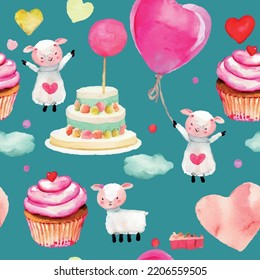 Seamless pattern in watercolor style with cute sheep and hearts.