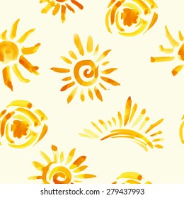 Seamless pattern with watercolor stylized sun silhouettes. Vector illustration.
