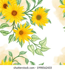 Patrón sin foco acuarela fondo de girasol verano
