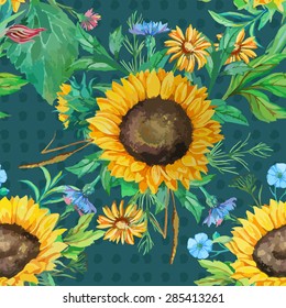 seamless pattern of watercolor sunflowers with small flowers and green leaves