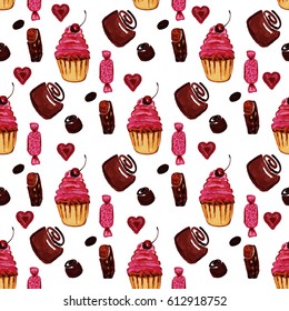 Seamless pattern with watercolor sweets and cakes