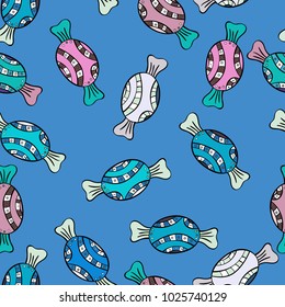 Seamless pattern with watercolor sweets candies. On blue, black and gray colors. Candy vector doodle.