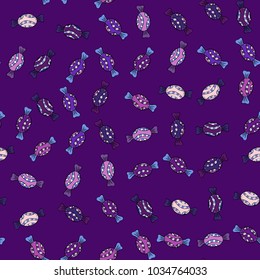 Seamless pattern with watercolor sweets candies. On purple, violet and black colors. Candy vector doodle.