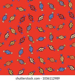 Seamless pattern with watercolor sweets candies. On red, black and blue colors. Candy vector doodle.