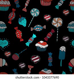 Seamless pattern with watercolor sweets candies, hand drawn isolated on a black, blue and white background. Vector illustration.