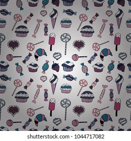 Seamless pattern with watercolor sweets candies, hand drawn isolated on a white, blue and black background. Vector illustration.