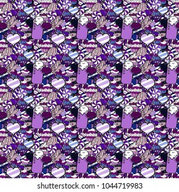 Seamless pattern with watercolor sweets candies, hand drawn isolated on a white, black and violet background. Vector illustration.