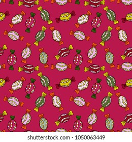 Seamless pattern with watercolor sweets candies. On red, black and neutral colors. Candy vector doodle.