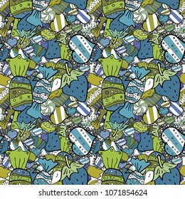 Seamless pattern with watercolor sweets candies, hand drawn isolated on a blue, black and white background. Vector illustration.