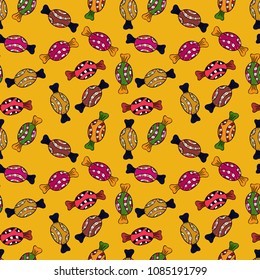 Seamless pattern with watercolor sweets candies, hand drawn isolated on a yellow, black, orange, gray and red background. Vector illustration.