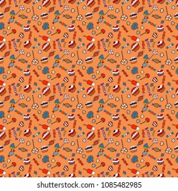 Seamless pattern with watercolor sweets candies, hand drawn isolated on a orange, white and black background. Vector illustration.