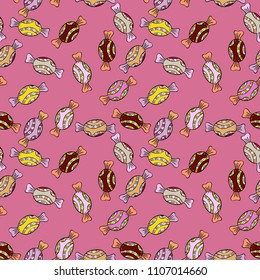Seamless pattern with watercolor sweets candies. On pink, neutral and black colors. Candy vector doodle.