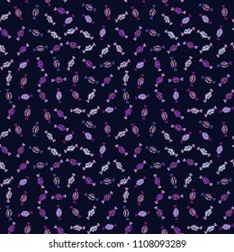 Seamless pattern with watercolor sweets candies. On black, purple and neutral colors. Candy vector doodle.