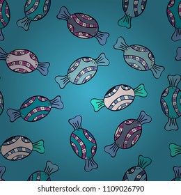 Seamless pattern with watercolor sweets candies, hand drawn isolated on a blue, black and neutral background. Vector illustration.