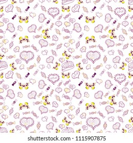 Seamless pattern with watercolor sweets candies. On white, neutral and purple colors. Candy vector doodle.