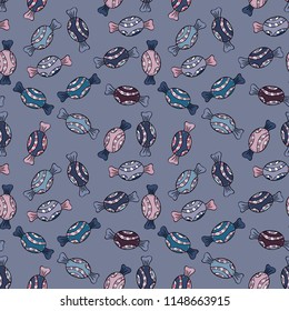 Seamless pattern with watercolor sweets candies, hand drawn isolated on a neutral, blue and black background. Vector illustration.