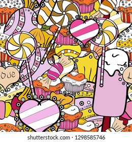 Seamless pattern with watercolor sweets candies, hand drawn isolated on a neutral, white and black background. Vector illustration.