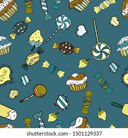 Seamless pattern with watercolor sweets candies, hand drawn isolated on a yellow, blue and black background. Vector illustration.