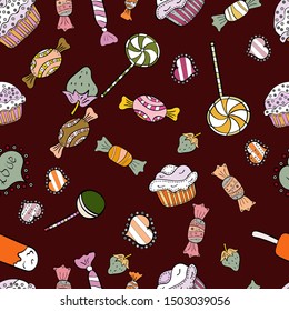 Seamless pattern with watercolor sweets candies. On neutral, black and brown colors. Candy vector doodle.