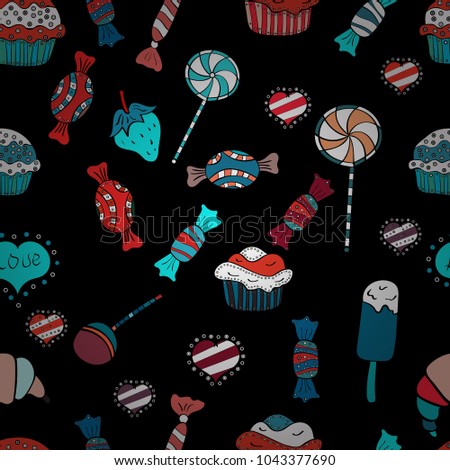 Seamless pattern with watercolor sweets candies, hand drawn isolated on a black, blue and white background. Vector illustration.