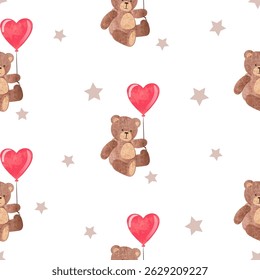 Seamless pattern with watercolor teddy bears and heart balloons. Birthday or Valentines day print