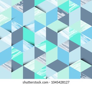 Seamless pattern, watercolor texture in hexagon shapes with shadow, pastel blue and green tones