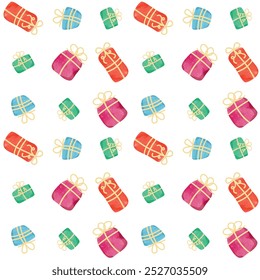 Seamless pattern with watercolor textured presents. Colorful cute gift boxes with bows for Christmas, New Year, Birthday. Hand-drawn vector randomly rotated design for packaging 